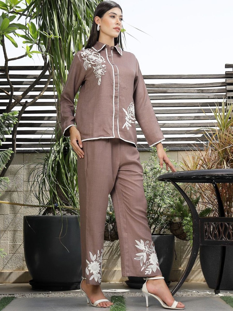 Shirt Collar Embroidered Cotton Shirt With Trousers Co-Ords Set brown