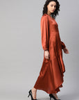 Women Rust Orange Satin Finish Solid Maxi Wrap Dress