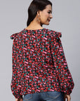 Floral Print Puff Sleeves Ruffled Top