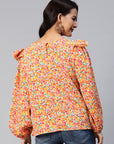 Floral Print Puff Sleeves Ruffled Top