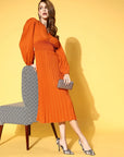 Women Solid Midi Accordion Pleated Vacay Attire