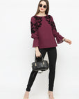 Burgundy Floral Bell Sleeves A-Line Top