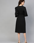 Black Accordion Pleated Wrap Dress