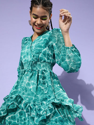 Women Green Floral Ruffled  Flounced Dress