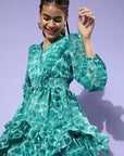 Women Green Floral Ruffled  Flounced Dress