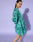 Women Green Floral Ruffled  Flounced Dress