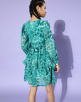 Women Green Floral Ruffled  Flounced Dress