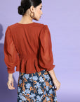 Rust-Coloured Self-Design Smocked Cinched Waist Top