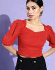 CINK Red Sweetheart Neck Smocked Fitted Crop Top