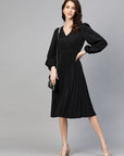 Black Accordion Pleated Wrap Dress