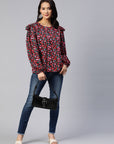 Floral Print Puff Sleeves Ruffled Top