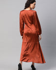 Women Rust Orange Satin Finish Solid Maxi Wrap Dress