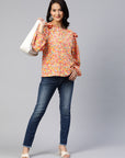 Floral Print Puff Sleeves Ruffled Top