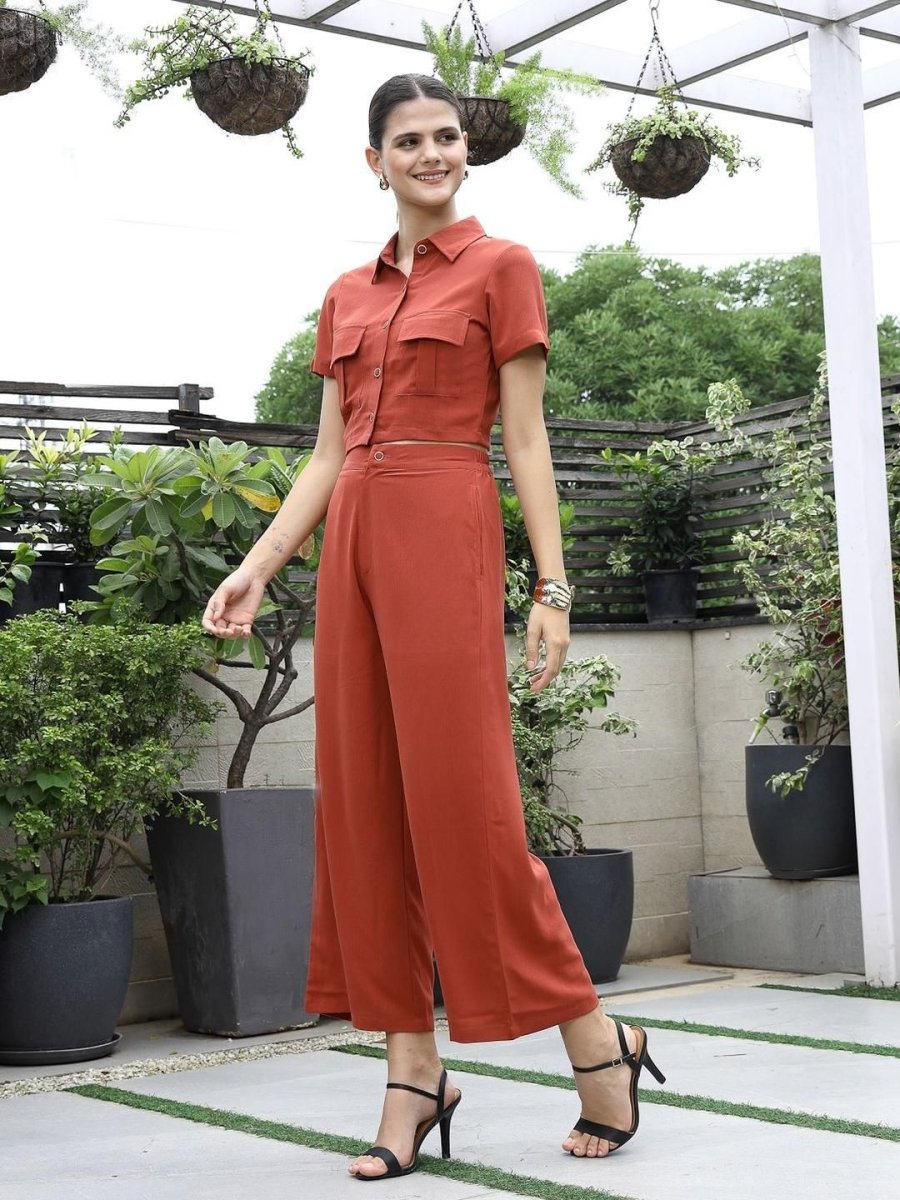 Shirt Collar Short-Sleeve Co-Ord Set rust