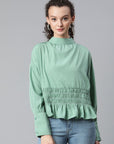 CINK Women Sea Green Solid Smocked Top