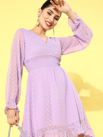 CINK Women Elegant Lavender Self Design Smocked Dress