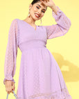 CINK Women Elegant Lavender Self Design Smocked Dress