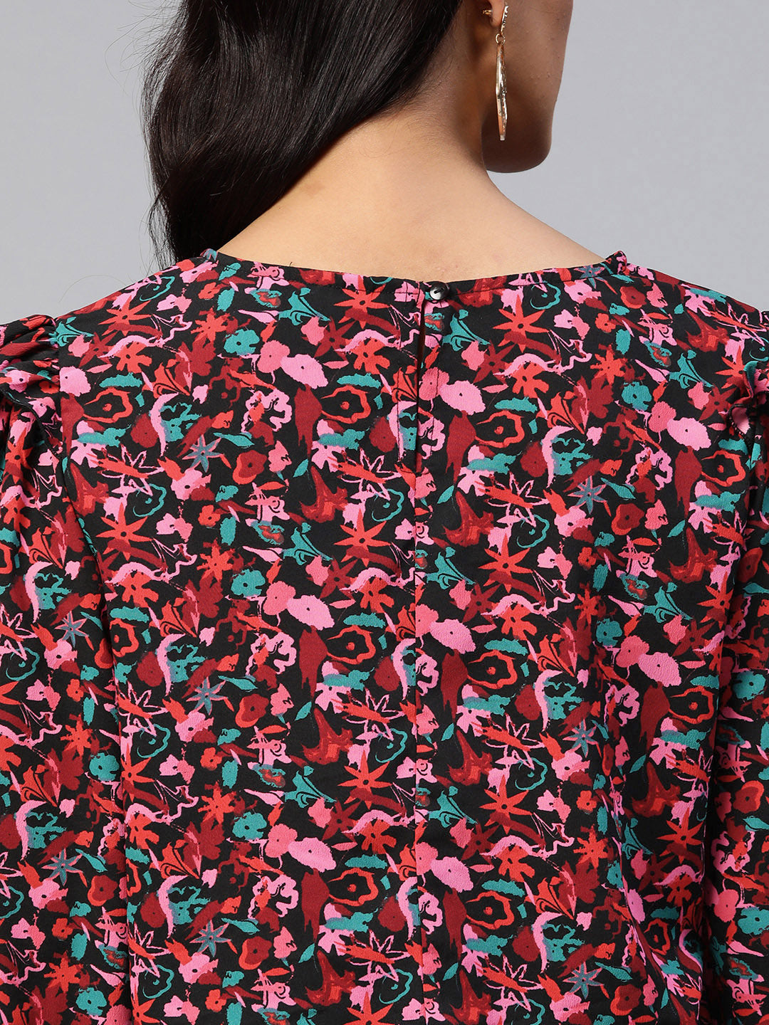 Floral Print Puff Sleeves Ruffled Top