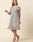 White  Black Monochrome Geometric Printed Puff Sleeves Smocked A-Line Dress