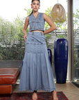 V Neck Cotton Top With Skirt Co-Ords light-blue