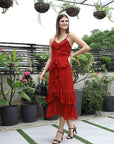 Women Self Design Shoulder Straps Ruffles Peplum Dress Maroon