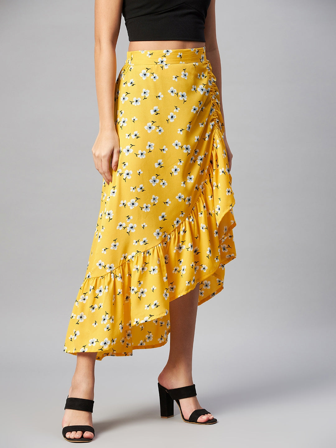 CINK Yellow  White Floral Printed Midi A-Line Skirt