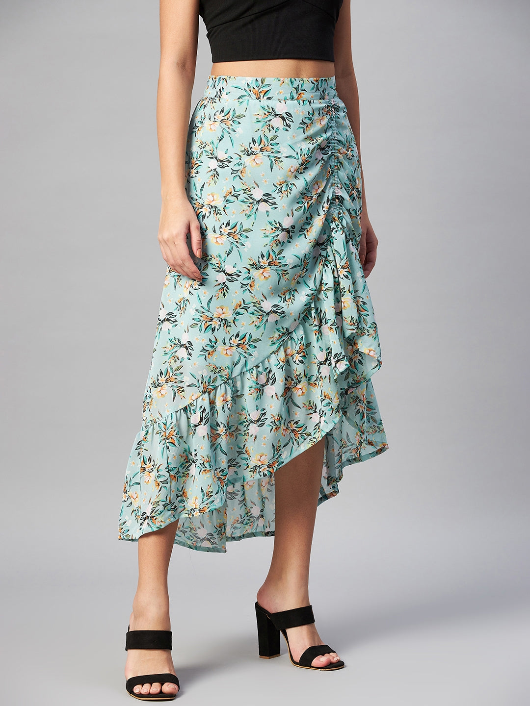 CINK Sea Green Floral Printed Midi A-Line Skirt