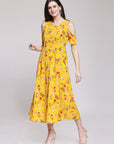 CINK Yellow Floral Printed Fit and Flare Dress