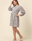 White  Black Monochrome Geometric Printed Puff Sleeves Gathered Fit  Flare Dress