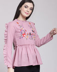 CINK Mauve Embroidered Cinched Waist Top