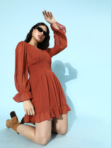 CINK Women Chic Rust Solid Cinched Waist Dress