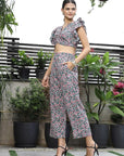 Printed V-Neck Top With Trousers Co-Ord Set multi