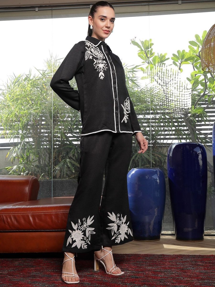 Shirt Collar Embroidered Cotton Shirt With Trousers Co-Ords Set black