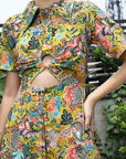 Floral Printed Shirt Collar Short Sleeves Shirt Dress Yellow