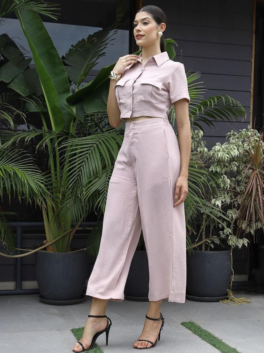 Printed V-Neck Top With Trousers Co-Ord Set peach