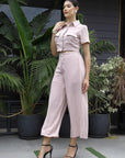 Printed V-Neck Top With Trousers Co-Ord Set peach