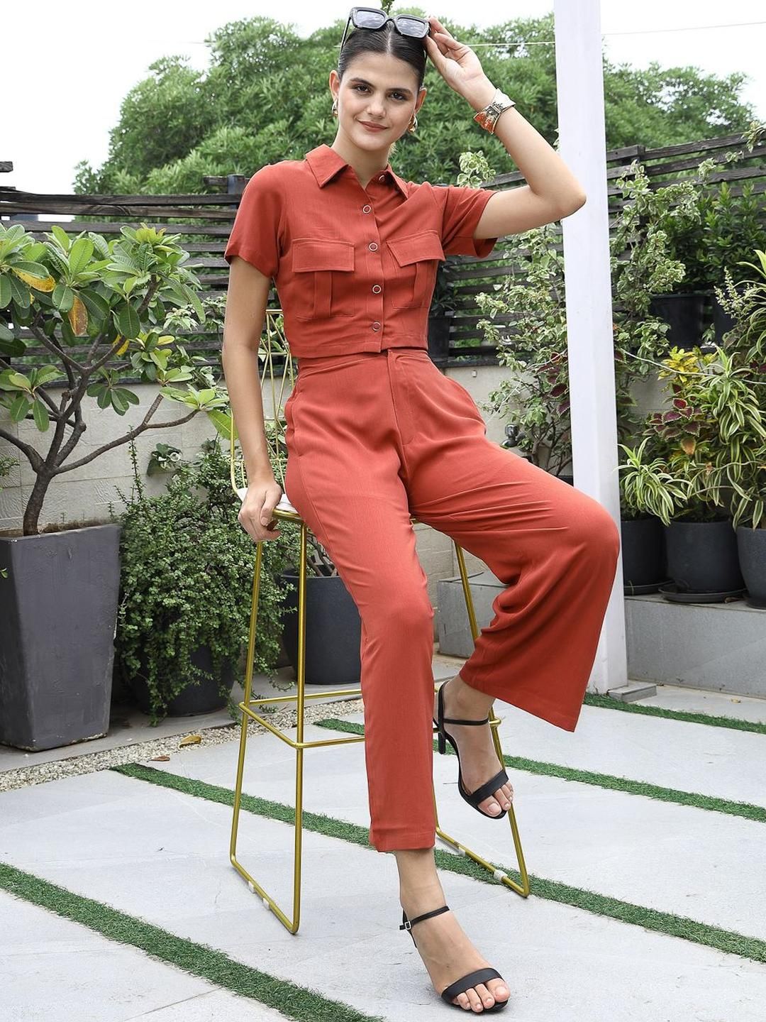 Shirt Collar Short-Sleeve Co-Ord Set rust