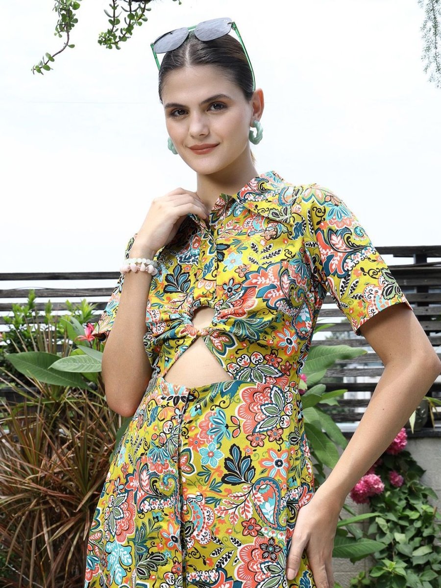 Floral Printed Shirt Collar Short Sleeves Shirt Dress Yellow