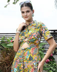 Floral Printed Shirt Collar Short Sleeves Shirt Dress Yellow