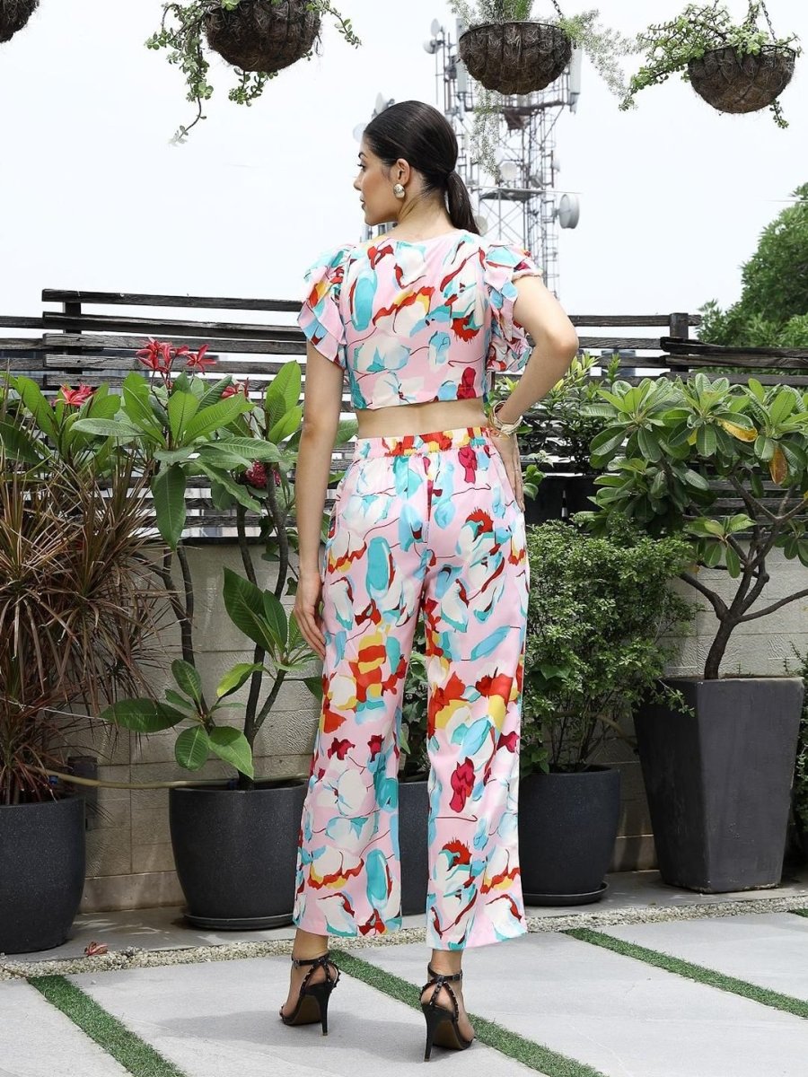 Printed V-Neck Top With Trousers Co-Ord Set pink