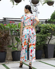 Printed V-Neck Top With Trousers Co-Ord Set pink