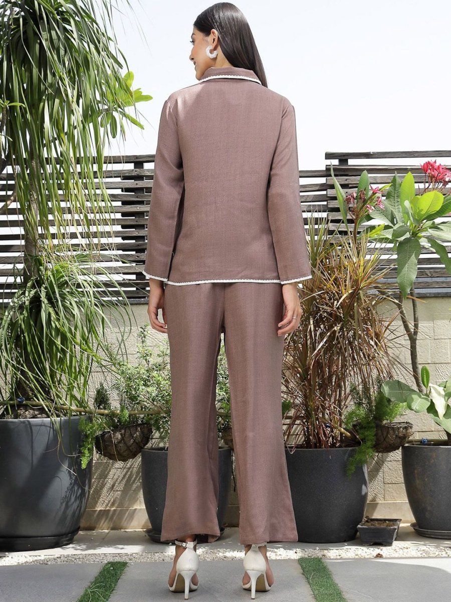 Shirt Collar Embroidered Cotton Shirt With Trousers Co-Ords Set brown