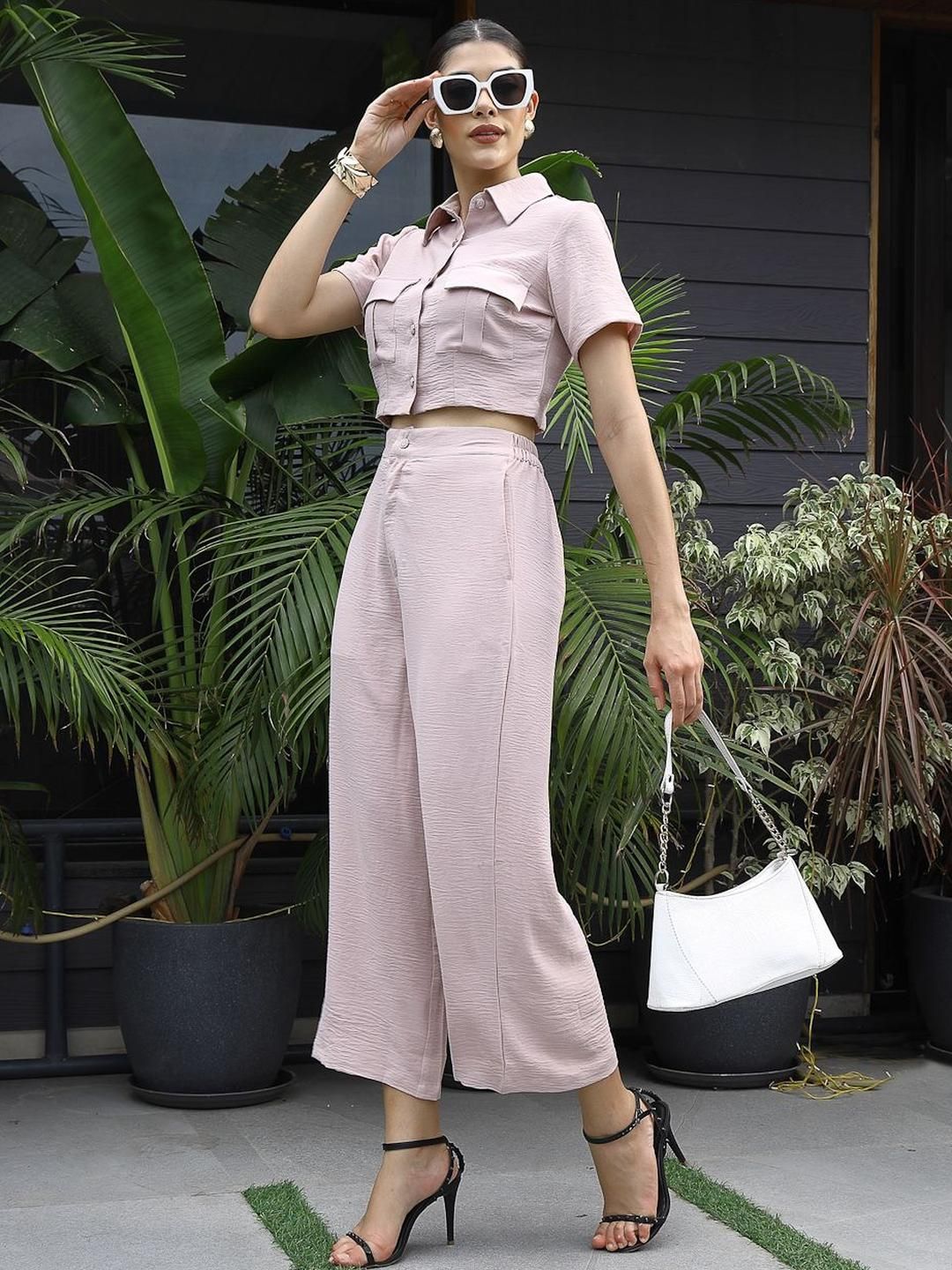 Printed V-Neck Top With Trousers Co-Ord Set peach