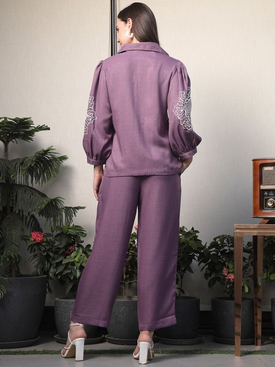 Shirt Collar Embroidered Cotton Shirt With Trousers Co-Ords Set pink