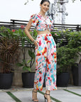 Printed V-Neck Top With Trousers Co-Ord Set pink