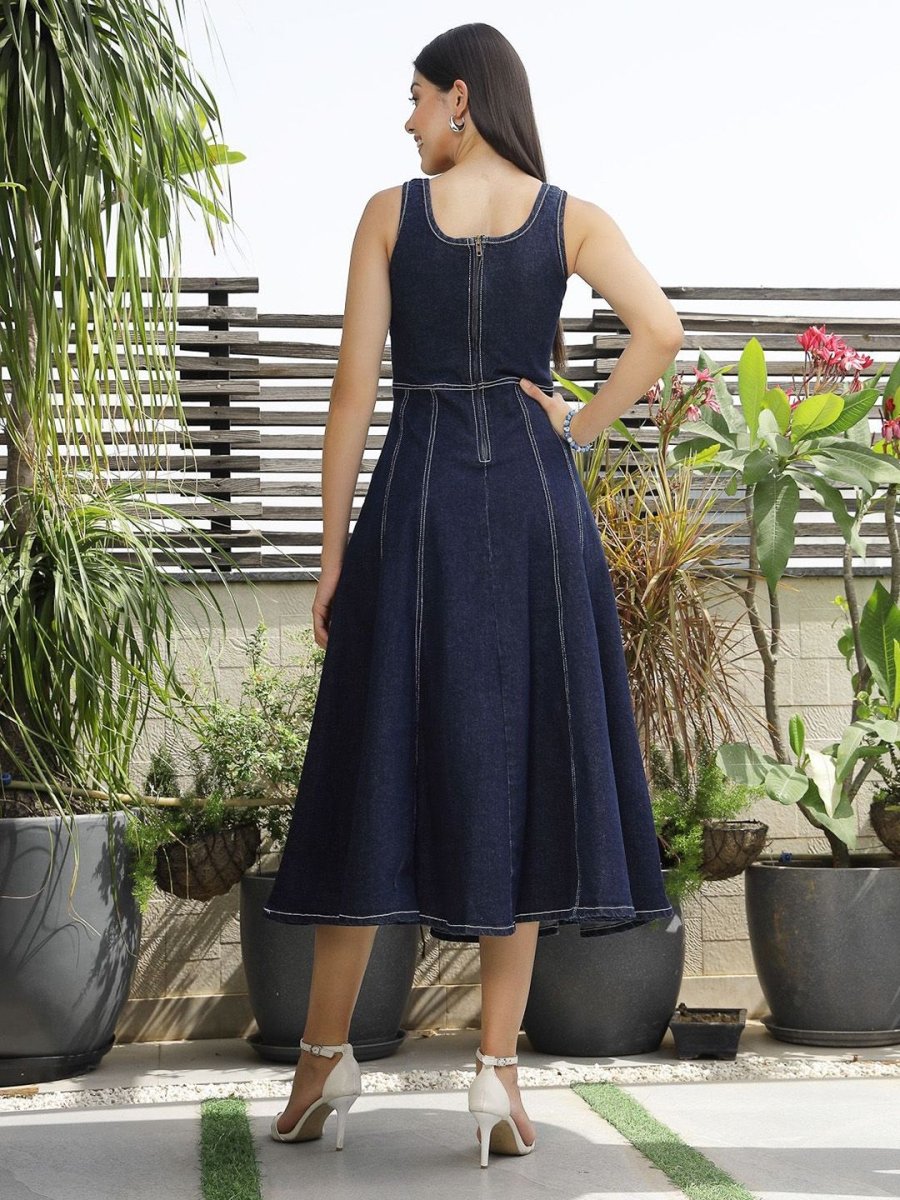 Solid Denim Round Neck Midi Dress blue