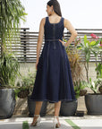 Solid Denim Round Neck Midi Dress blue