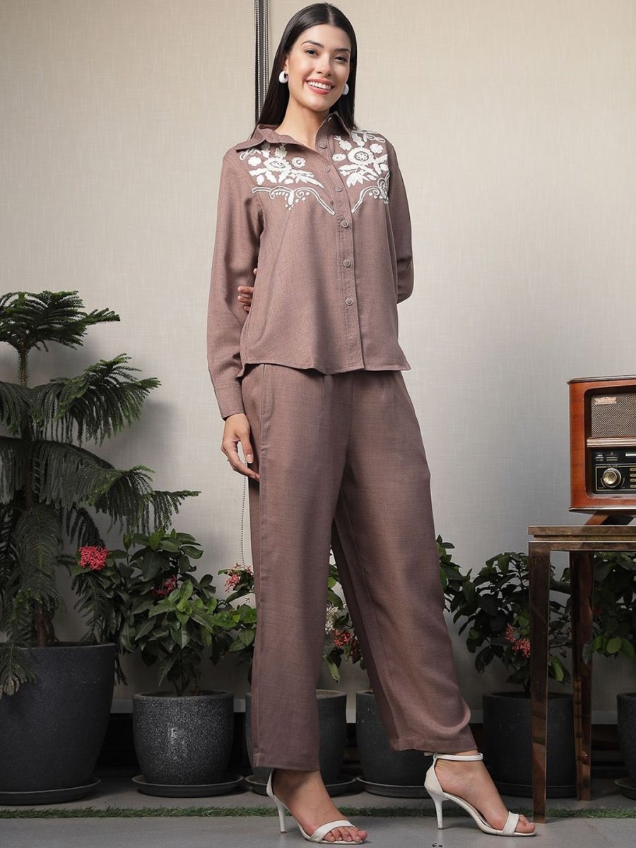Shirt Collar Embroidered Cotton Shirt With Trousers Co-Ords Set brown