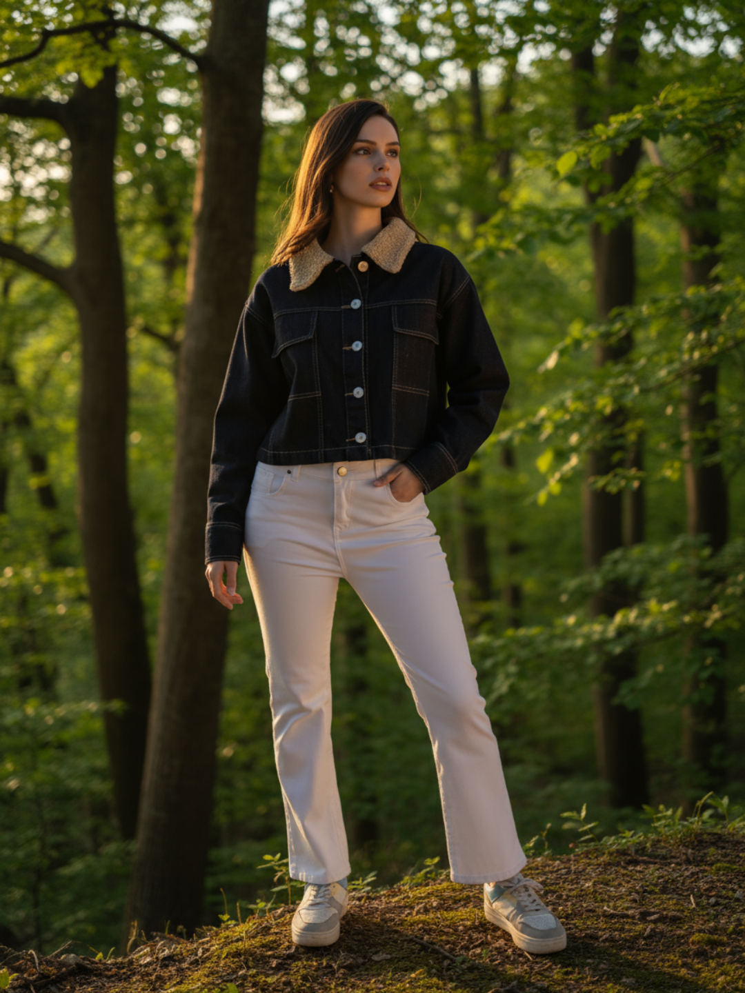 Woman standing on a cliff overlooking a scenic landscape with mountains and water.