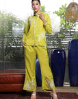 Shirt Collar Embroidered Cotton Shirt With Trousers Co-Ords Set lime-green